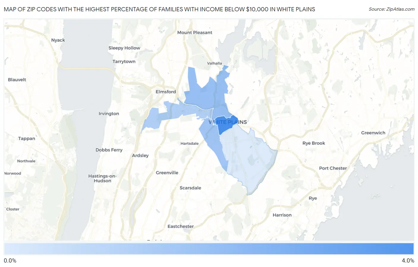 Zip Codes with the Highest Percentage of Families with Income Below $10,000 in White Plains Map