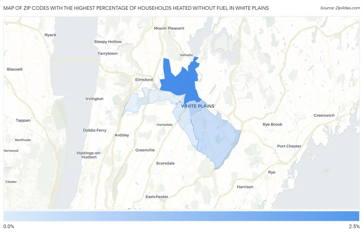 Zip Codes with the Highest Percentage of Households Heated without Fuel in White Plains Map