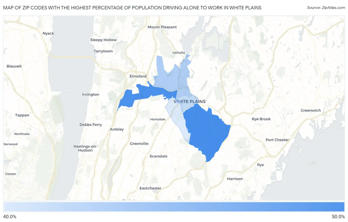Zip Codes with the Highest Percentage of Population Driving Alone to Work in White Plains Map