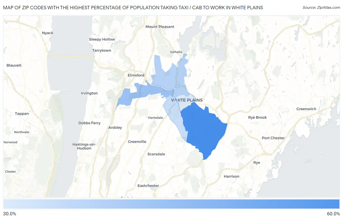 Zip Codes with the Highest Percentage of Population Taking Taxi / Cab to Work in White Plains Map