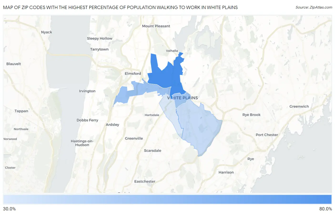 Zip Codes with the Highest Percentage of Population Walking to Work in White Plains Map