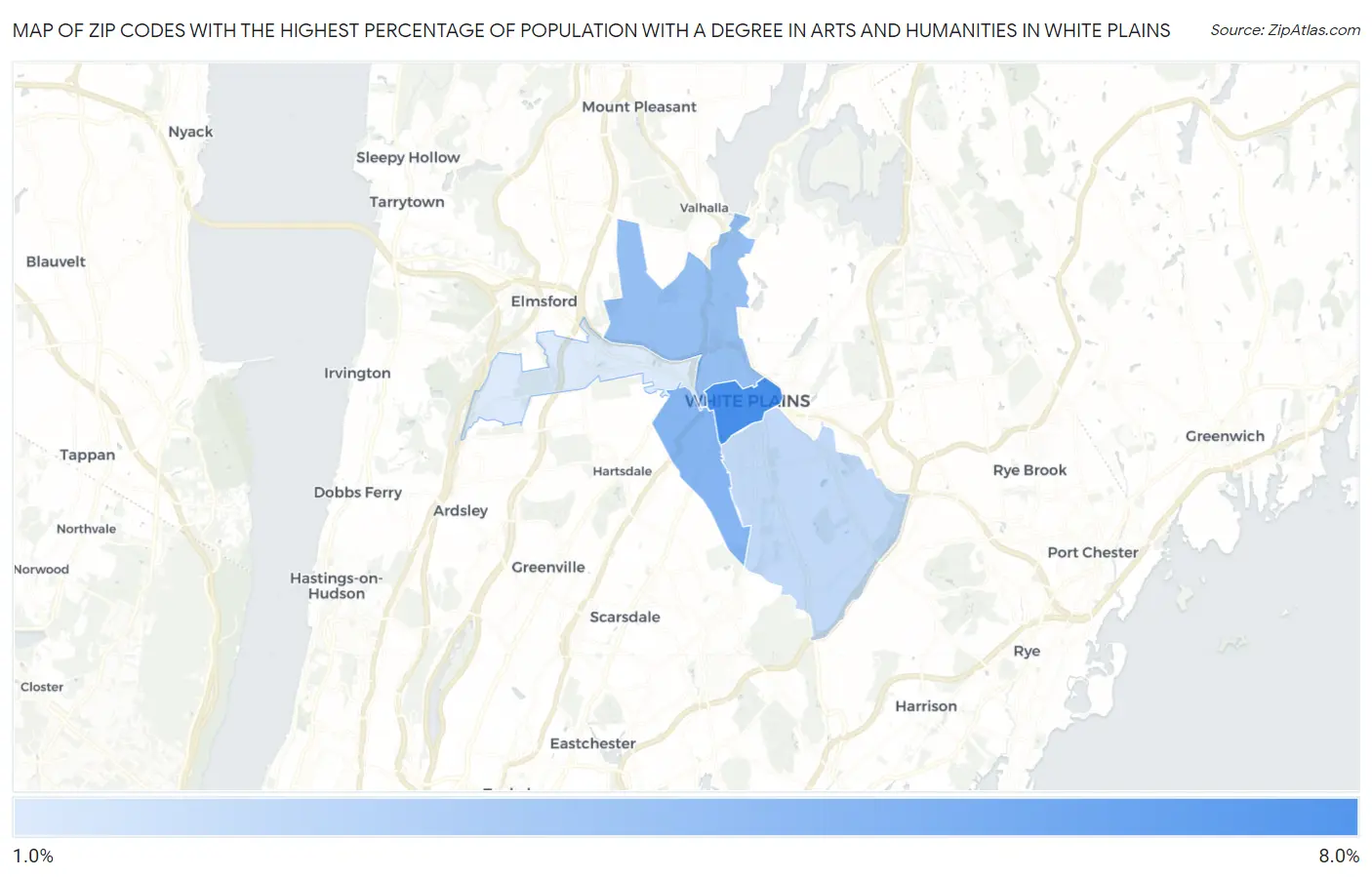 Zip Codes with the Highest Percentage of Population with a Degree in Arts and Humanities in White Plains Map