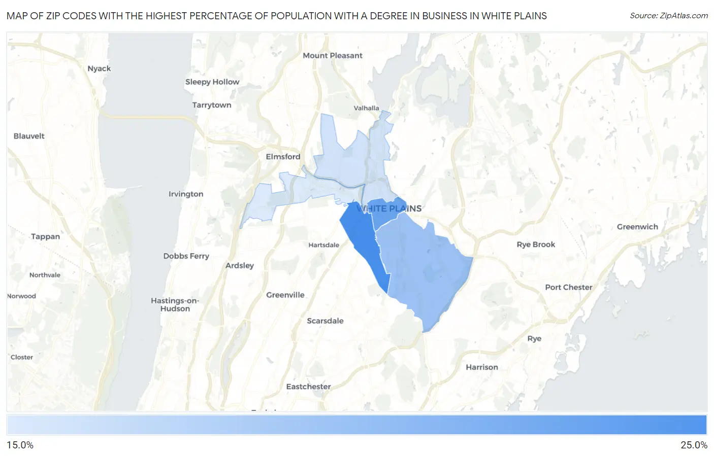Zip Codes with the Highest Percentage of Population with a Degree in Business in White Plains Map