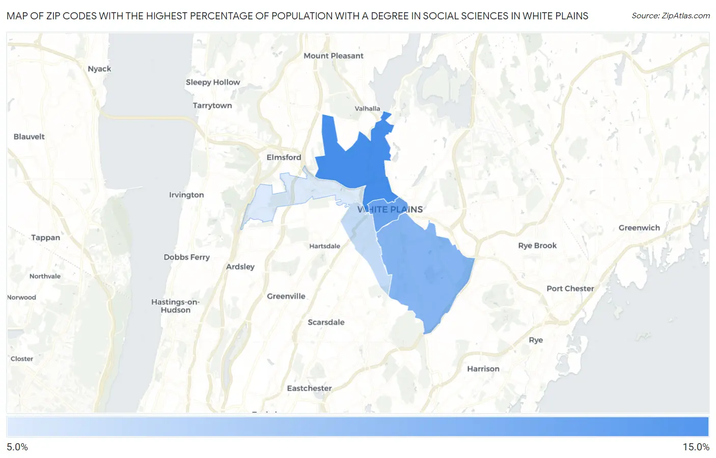 Zip Codes with the Highest Percentage of Population with a Degree in Social Sciences in White Plains Map