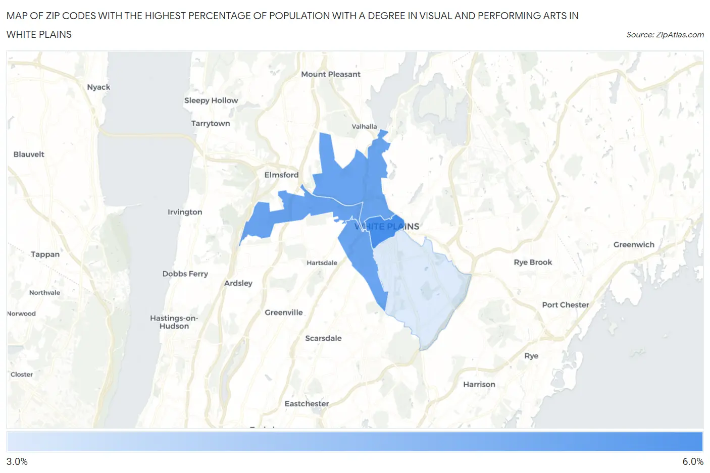 Zip Codes with the Highest Percentage of Population with a Degree in Visual and Performing Arts in White Plains Map