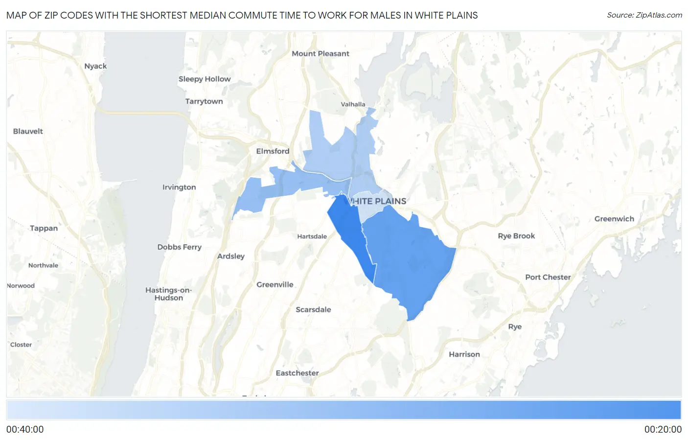 Zip Codes with the Shortest Median Commute Time to Work for Males in White Plains Map