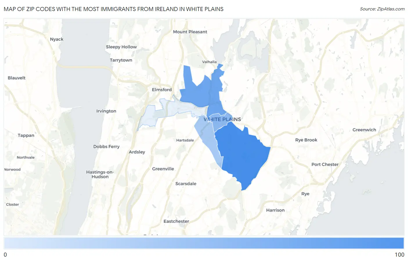 Zip Codes with the Most Immigrants from Ireland in White Plains Map