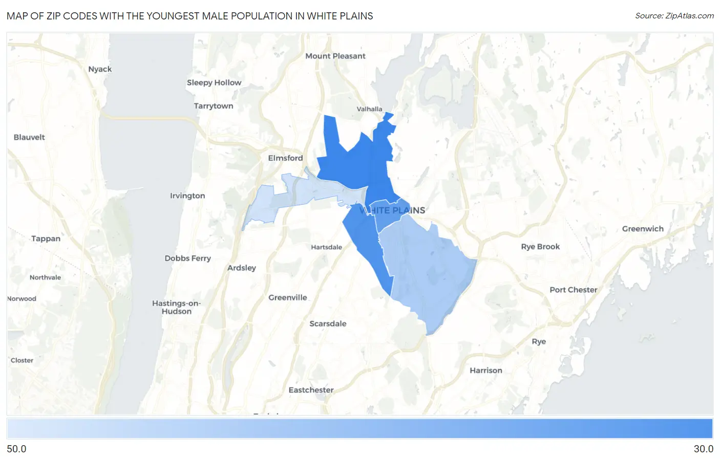 Zip Codes with the Youngest Male Population in White Plains Map