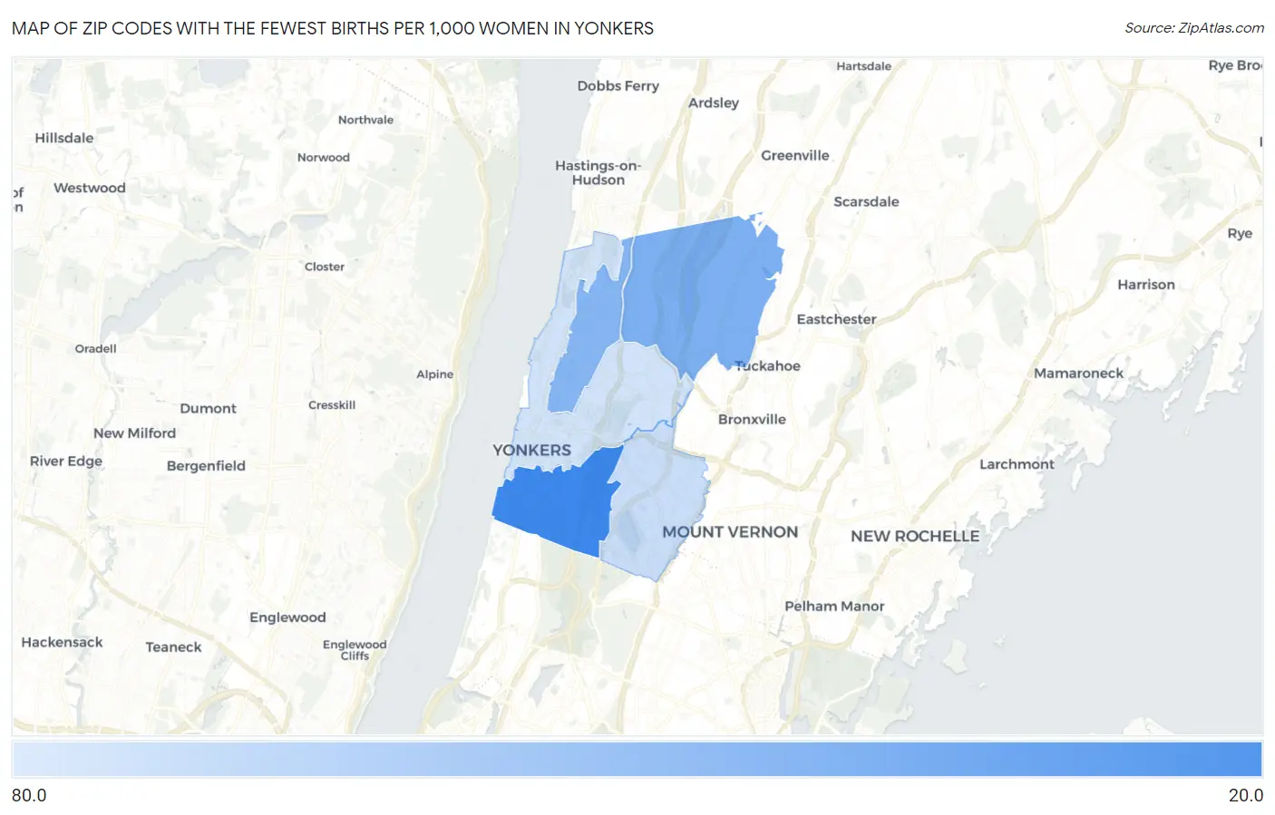 Zip Codes with the Fewest Births per 1,000 Women in Yonkers Map