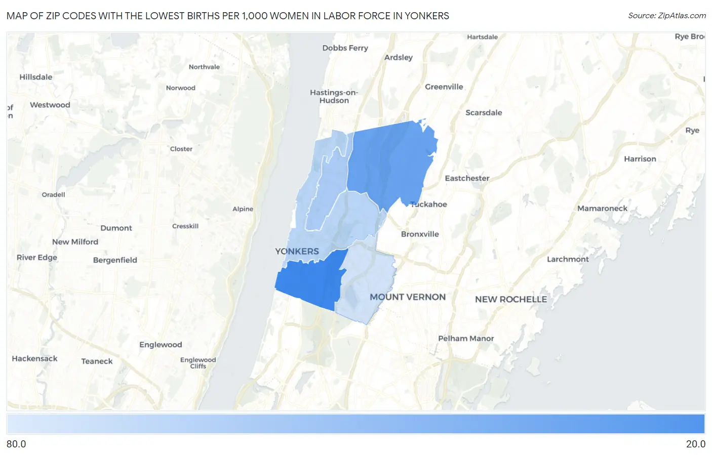 Zip Codes with the Lowest Births per 1,000 Women in Labor Force in Yonkers Map