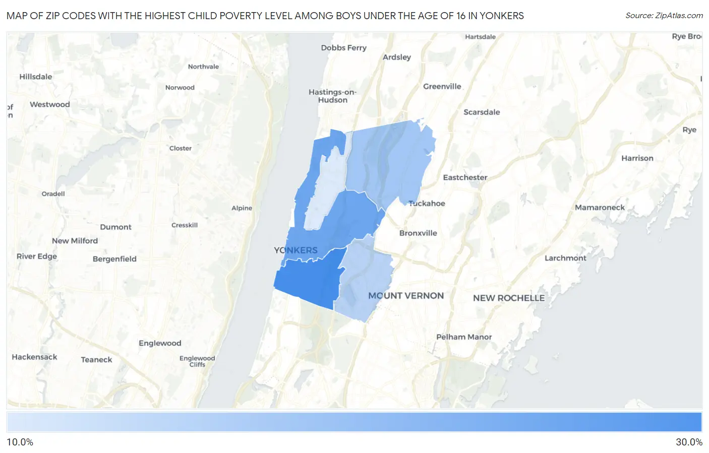Zip Codes with the Highest Child Poverty Level Among Boys Under the Age of 16 in Yonkers Map