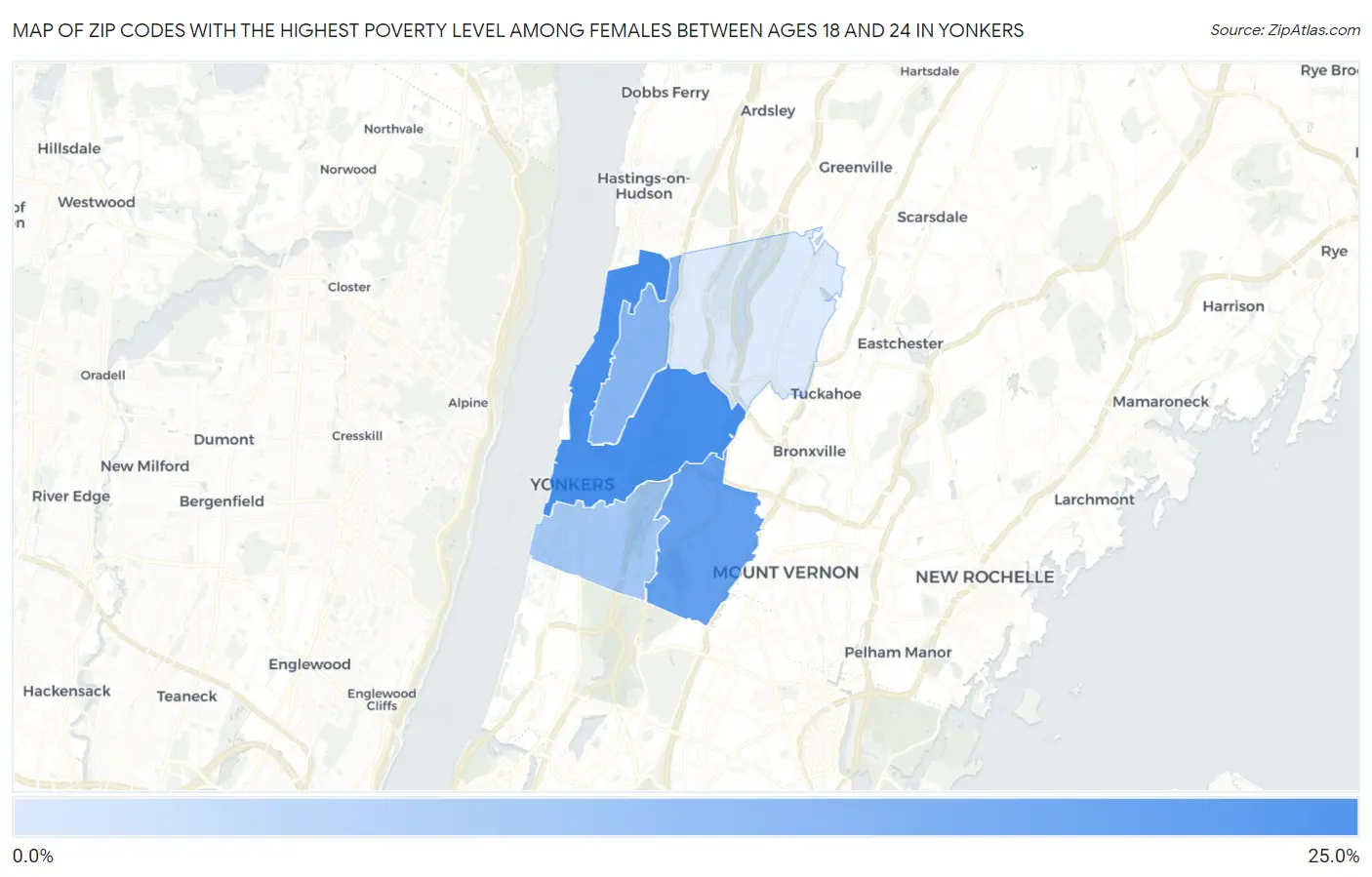 Zip Codes with the Highest Poverty Level Among Females Between Ages 18 and 24 in Yonkers Map