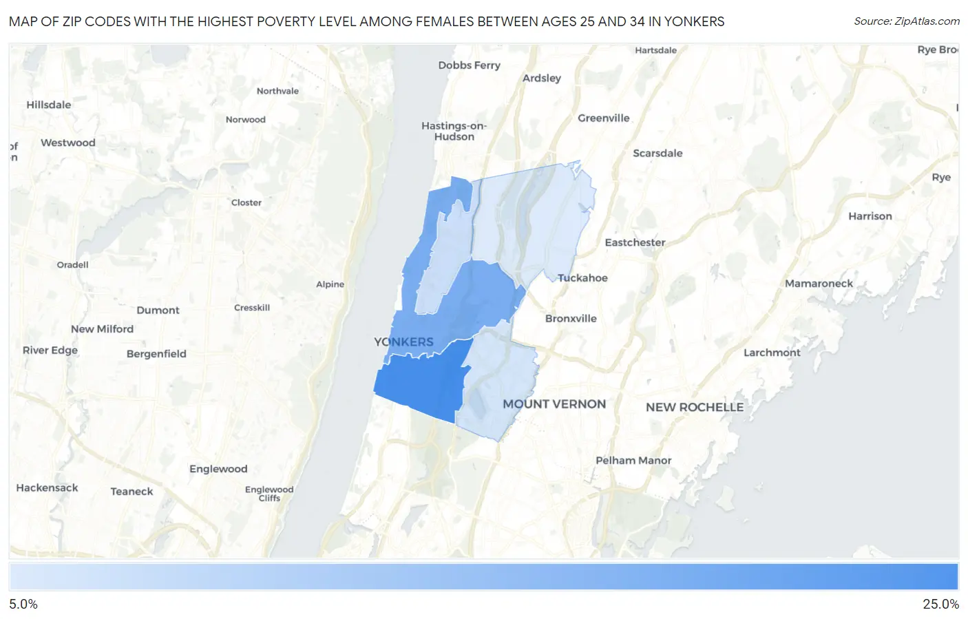 Zip Codes with the Highest Poverty Level Among Females Between Ages 25 and 34 in Yonkers Map