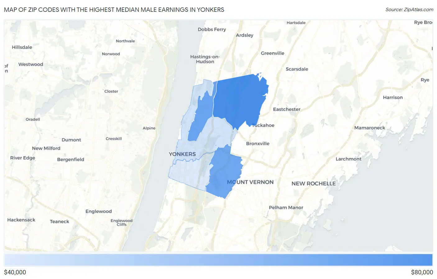 Zip Codes with the Highest Median Male Earnings in Yonkers Map