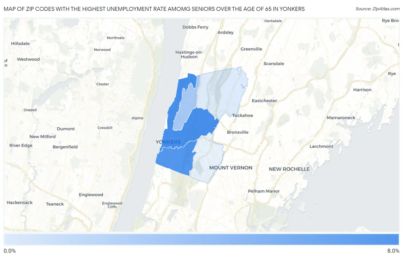 Zip Codes with the Highest Unemployment Rate Amomg Seniors Over the Age of 65 in Yonkers Map