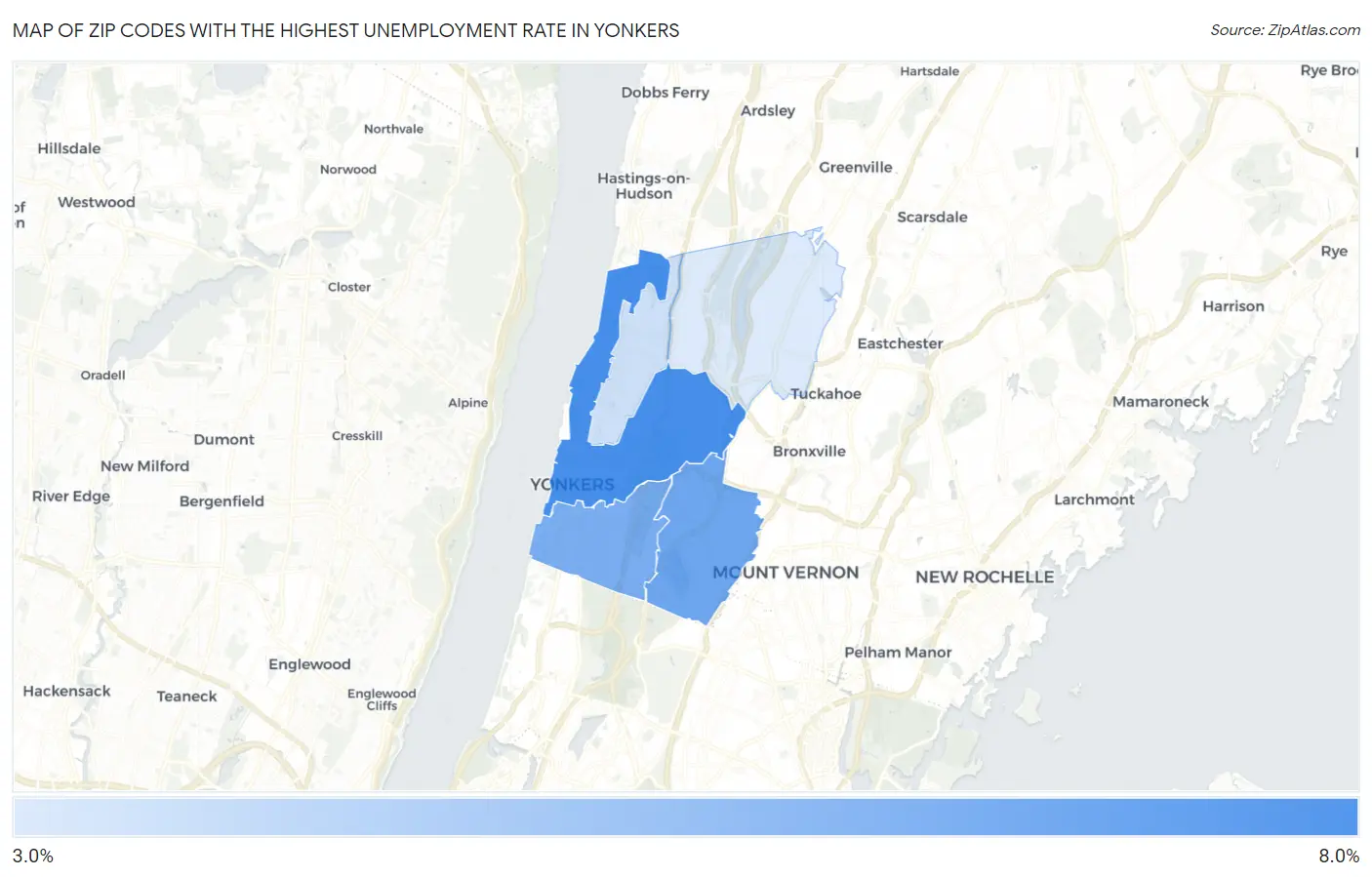 Zip Codes with the Highest Unemployment Rate in Yonkers Map