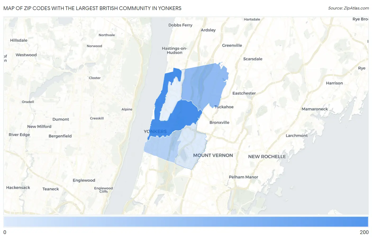 Zip Codes with the Largest British Community in Yonkers Map