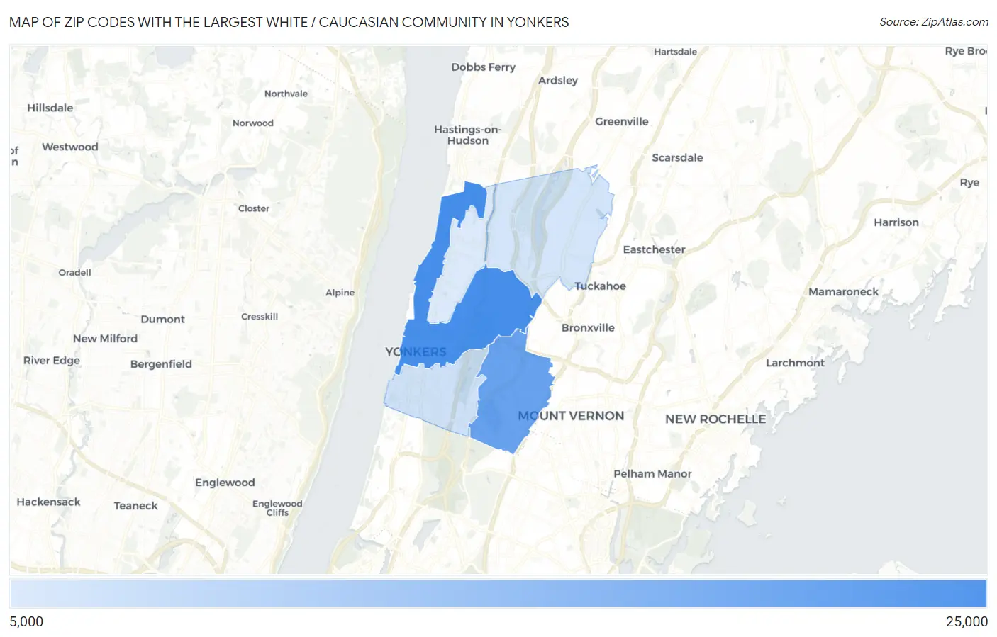 Zip Codes with the Largest White / Caucasian Community in Yonkers Map