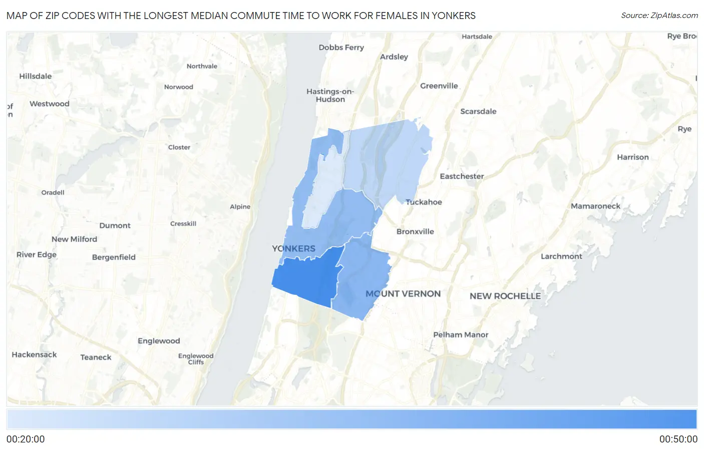 Zip Codes with the Longest Median Commute Time to Work for Females in Yonkers Map