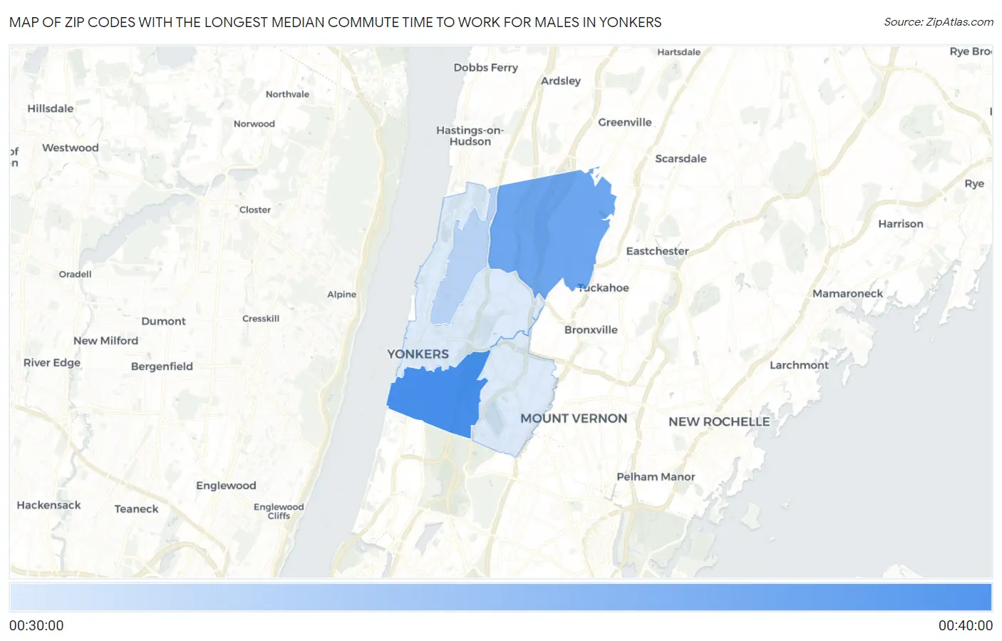 Zip Codes with the Longest Median Commute Time to Work for Males in Yonkers Map