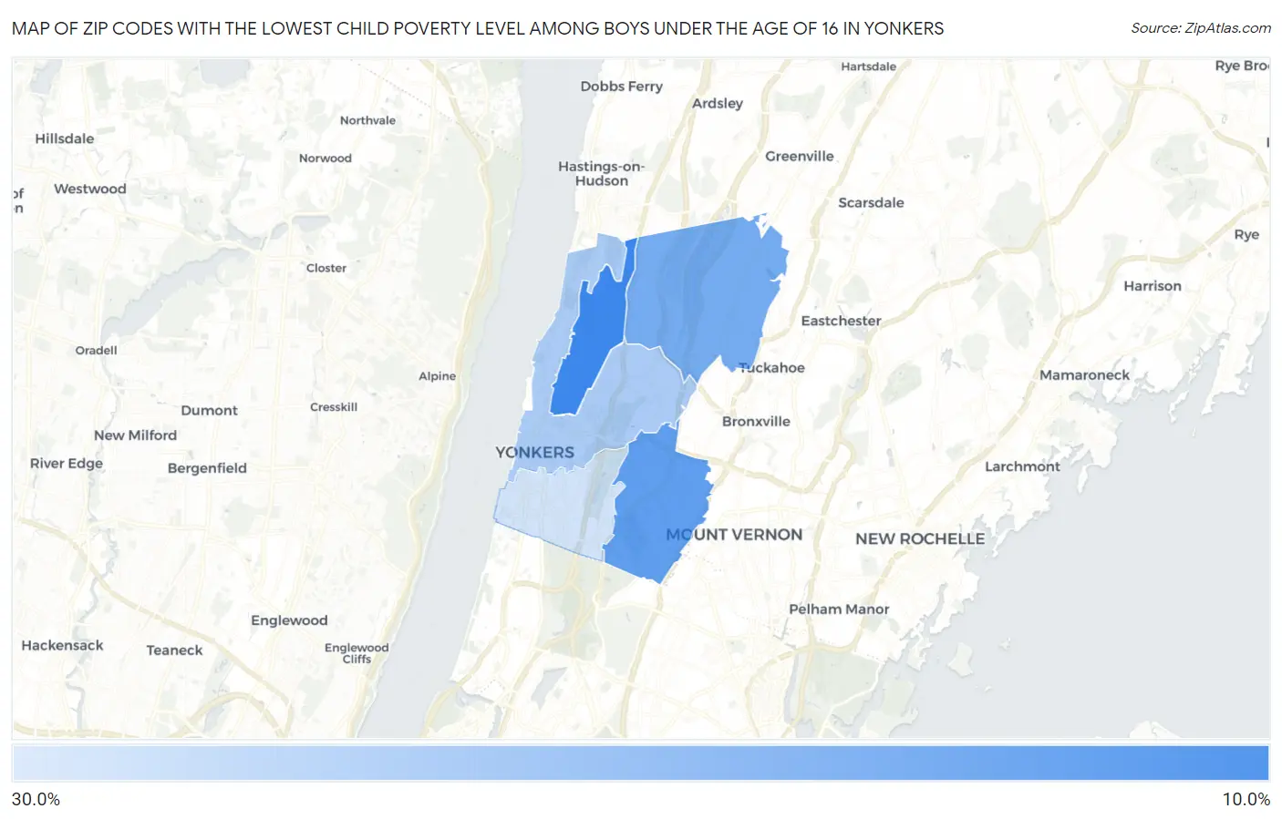 Zip Codes with the Lowest Child Poverty Level Among Boys Under the Age of 16 in Yonkers Map