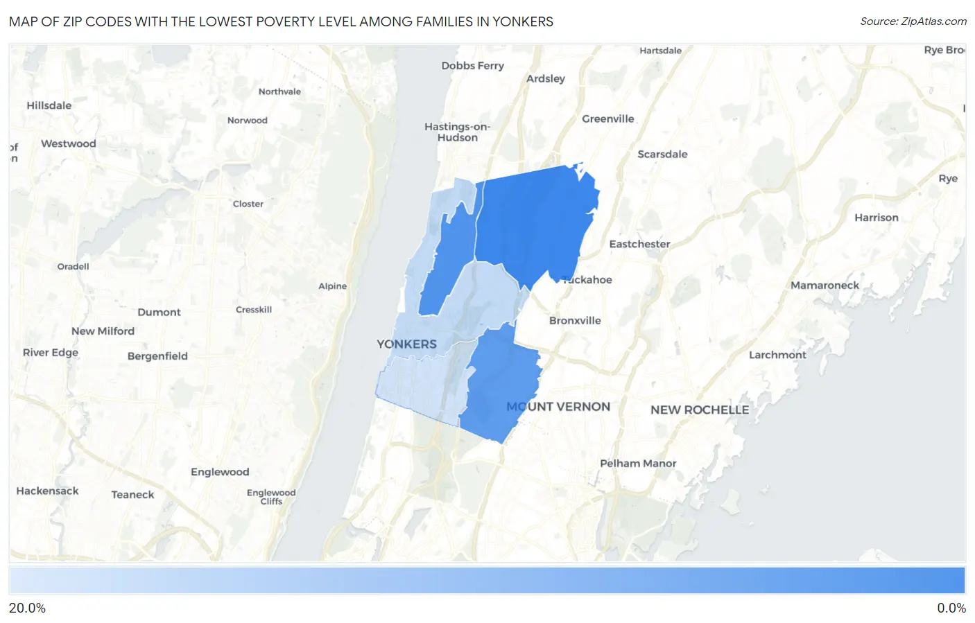 Zip Codes with the Lowest Poverty Level Among Families in Yonkers Map