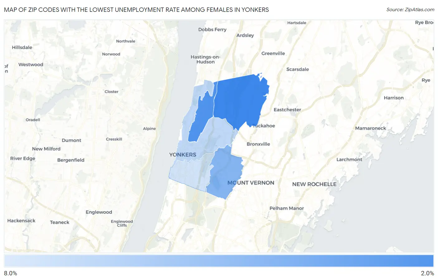 Zip Codes with the Lowest Unemployment Rate Among Females in Yonkers Map