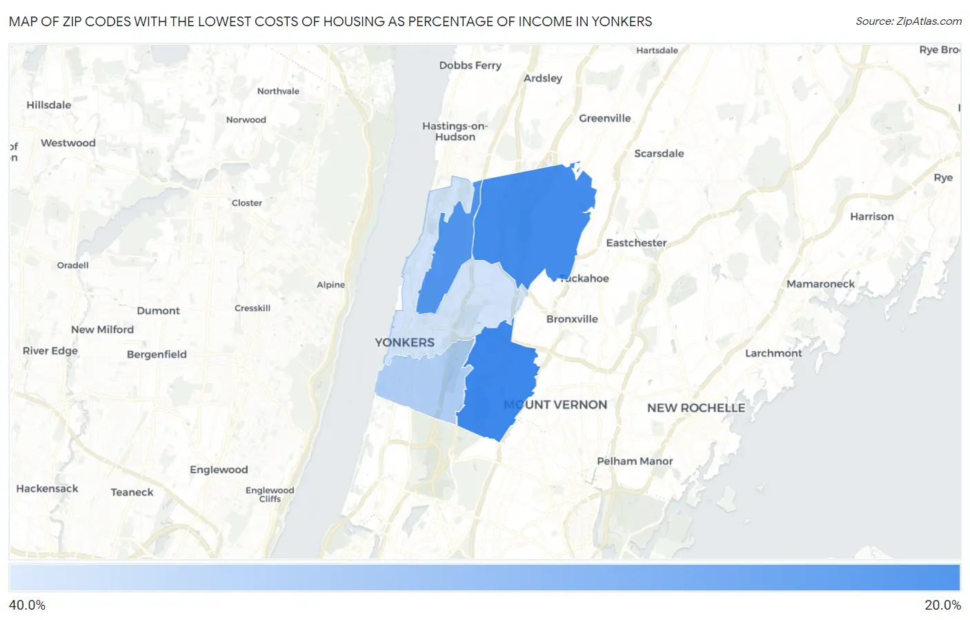 Zip Codes with the Lowest Costs of Housing as Percentage of Income in Yonkers Map