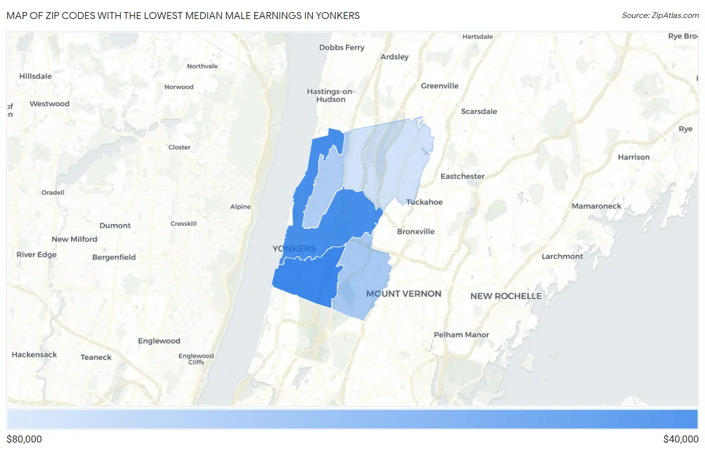 Zip Codes with the Lowest Median Male Earnings in Yonkers Map