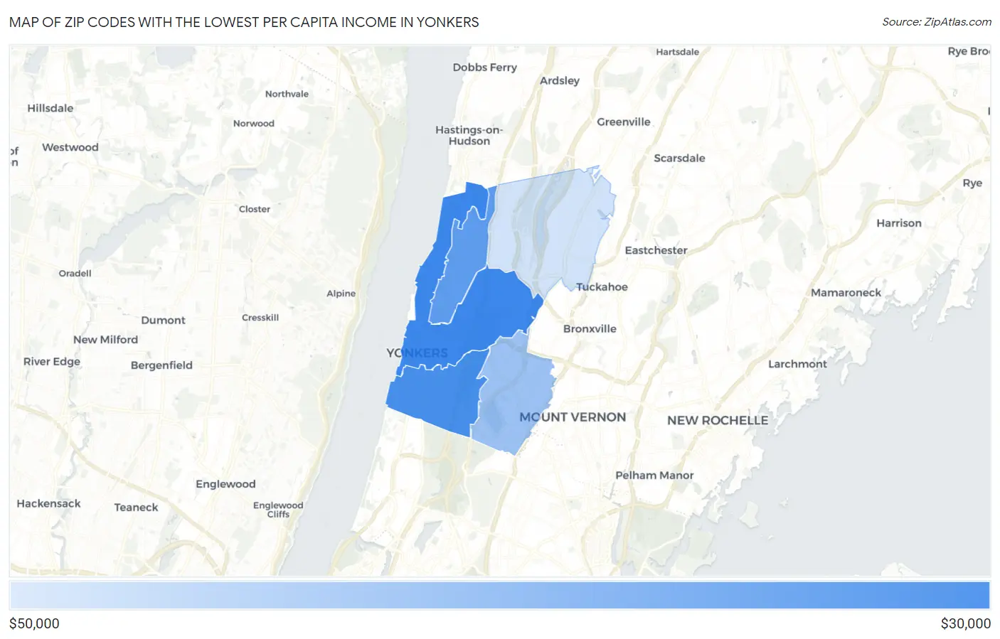 Zip Codes with the Lowest Per Capita Income in Yonkers Map