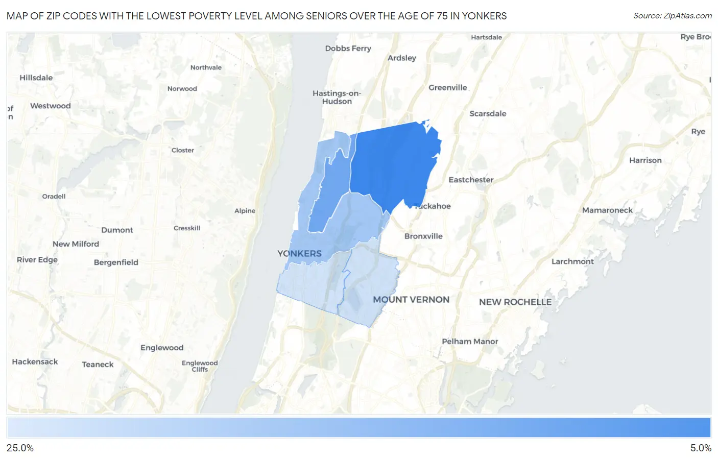 Zip Codes with the Lowest Poverty Level Among Seniors Over the Age of 75 in Yonkers Map