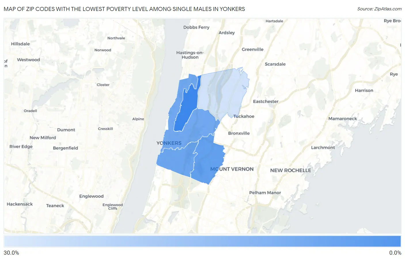 Zip Codes with the Lowest Poverty Level Among Single Males in Yonkers Map