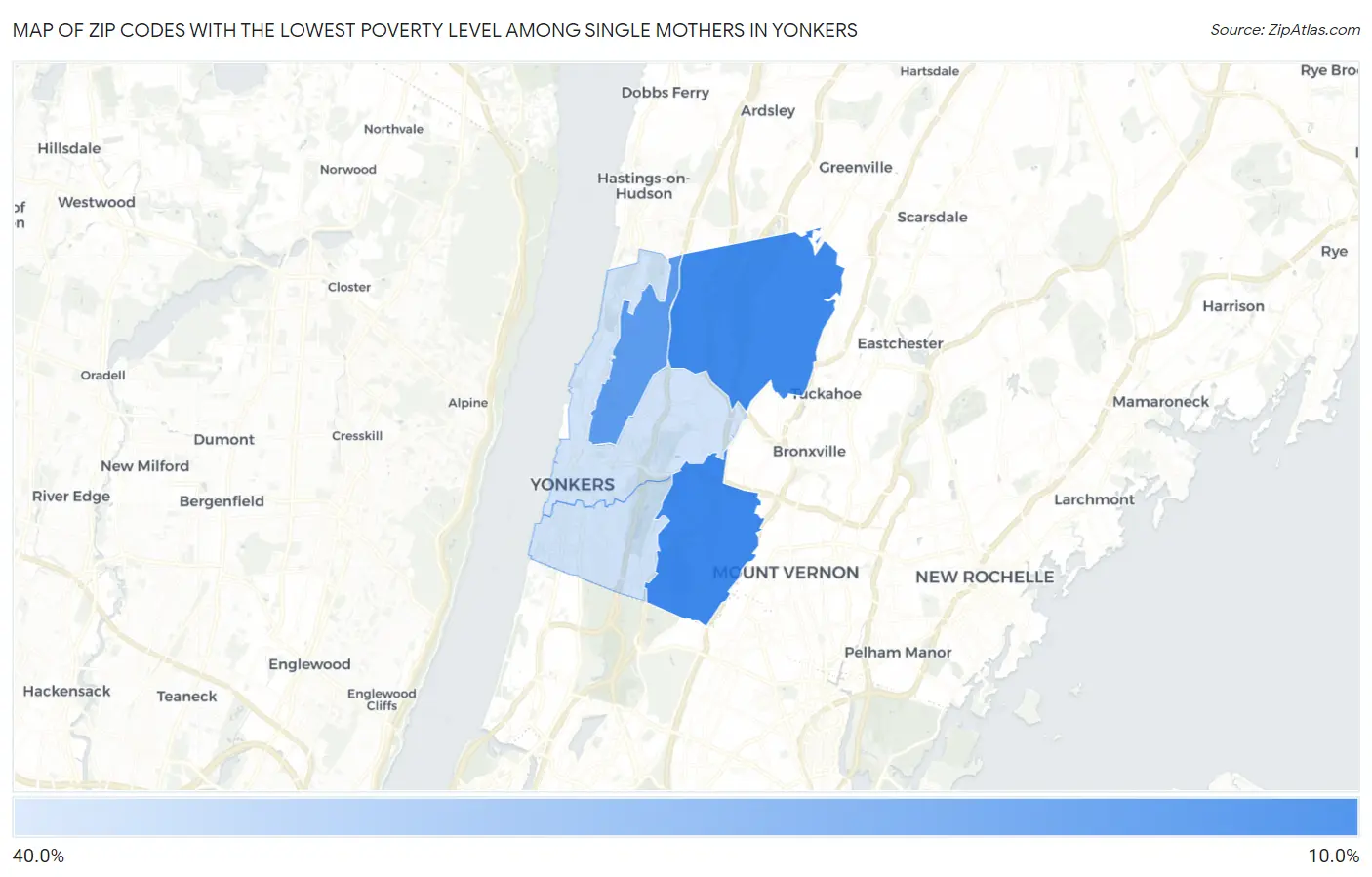 Zip Codes with the Lowest Poverty Level Among Single Mothers in Yonkers Map