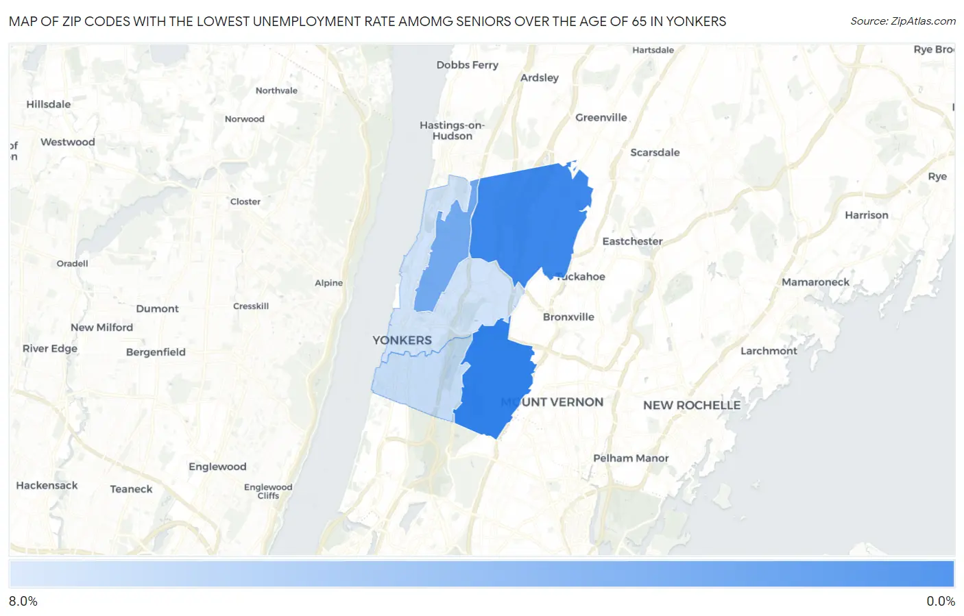 Zip Codes with the Lowest Unemployment Rate Amomg Seniors Over the Age of 65 in Yonkers Map