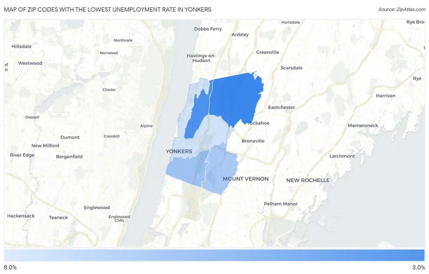 Zip Codes with the Lowest Unemployment Rate in Yonkers Map