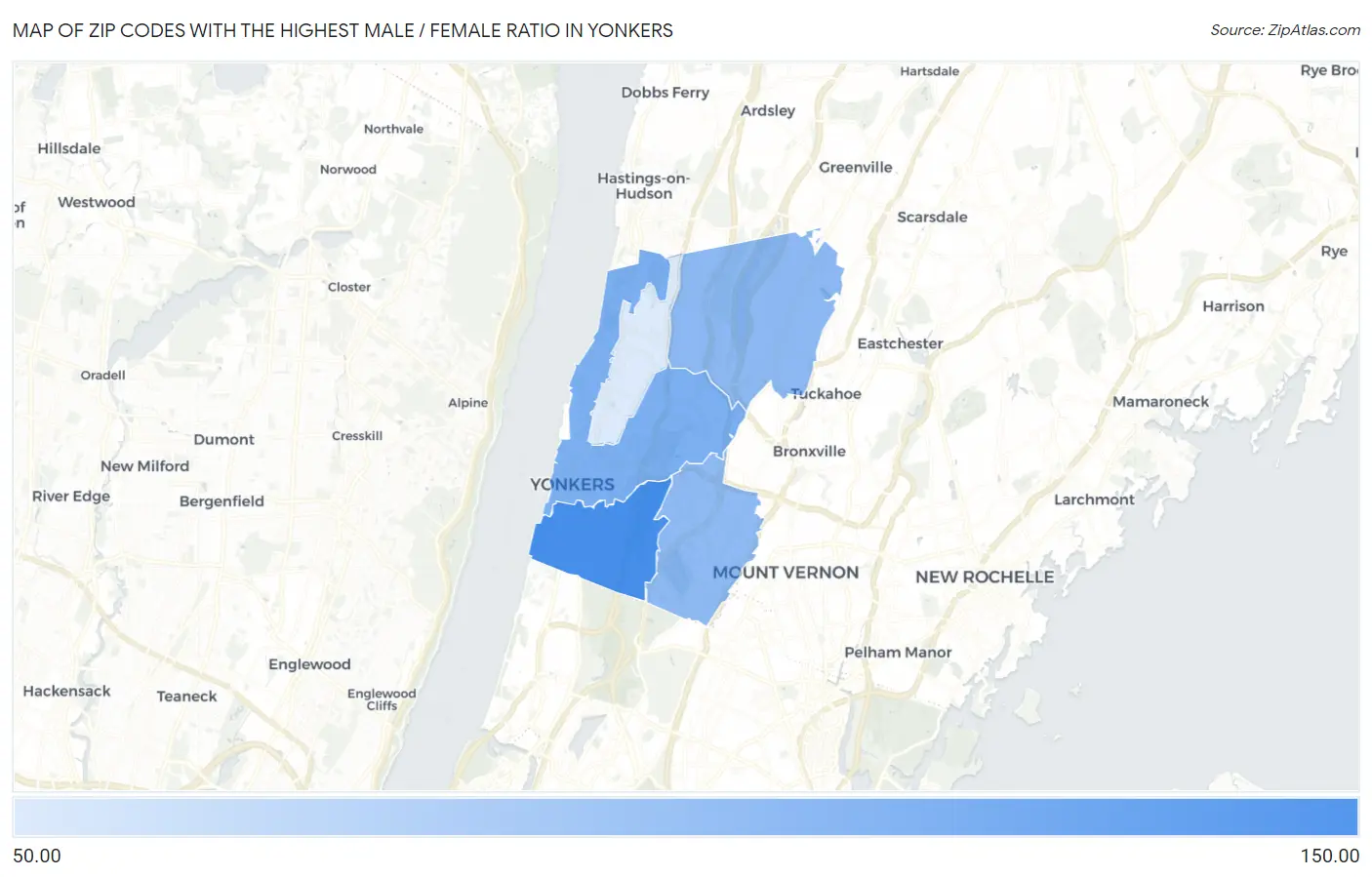 Zip Codes with the Highest Male / Female Ratio in Yonkers Map
