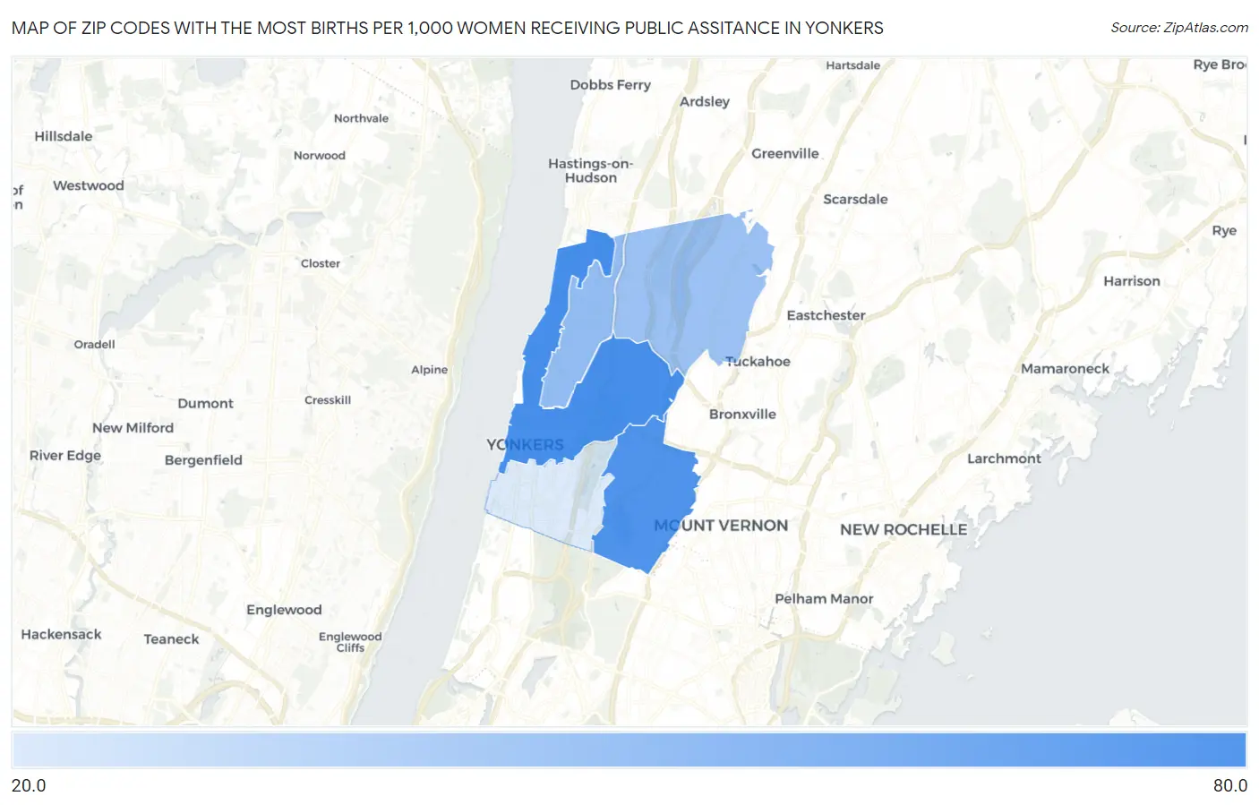 Zip Codes with the Most Births per 1,000 Women Receiving Public Assitance in Yonkers Map