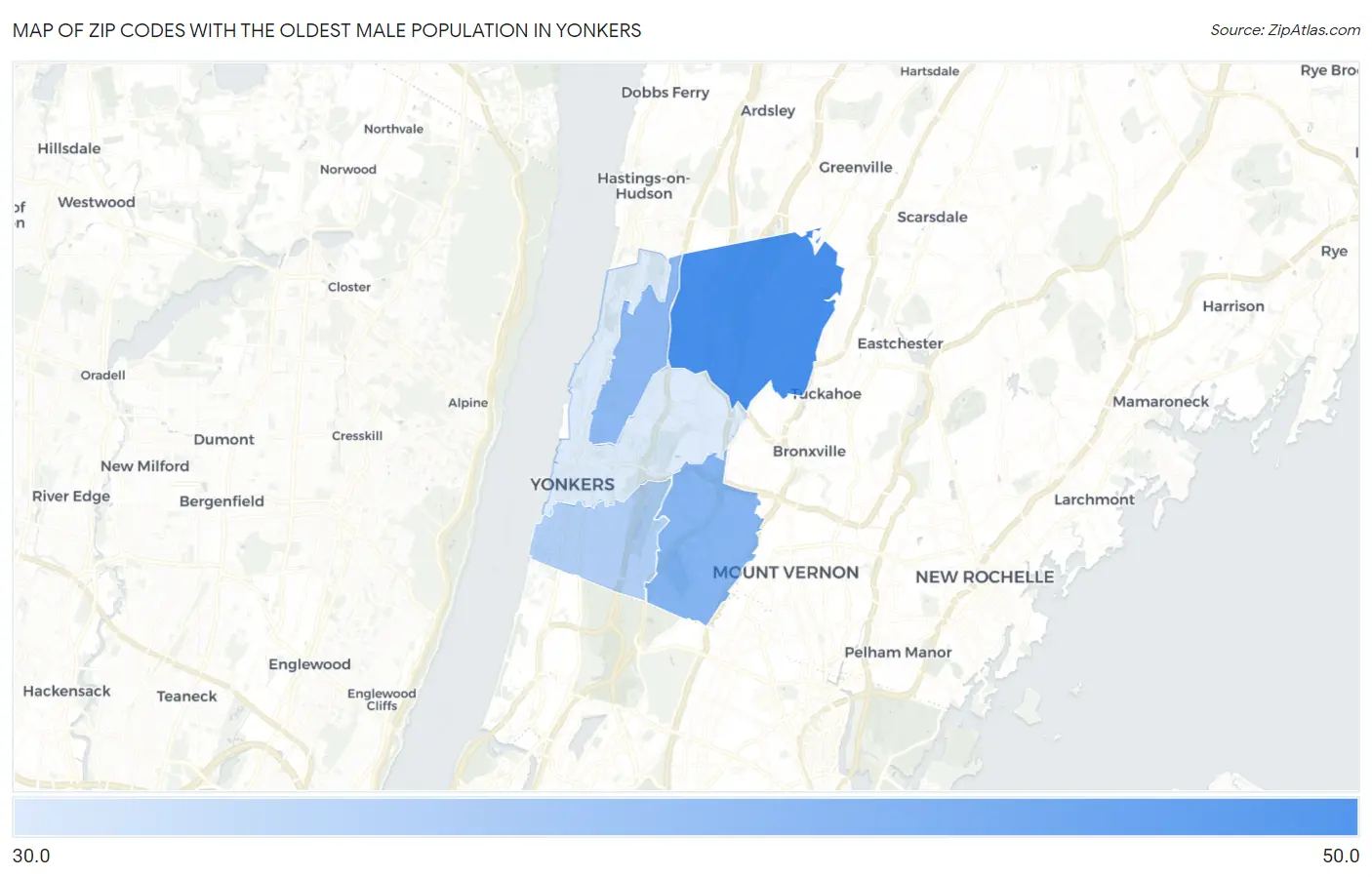Zip Codes with the Oldest Male Population in Yonkers Map