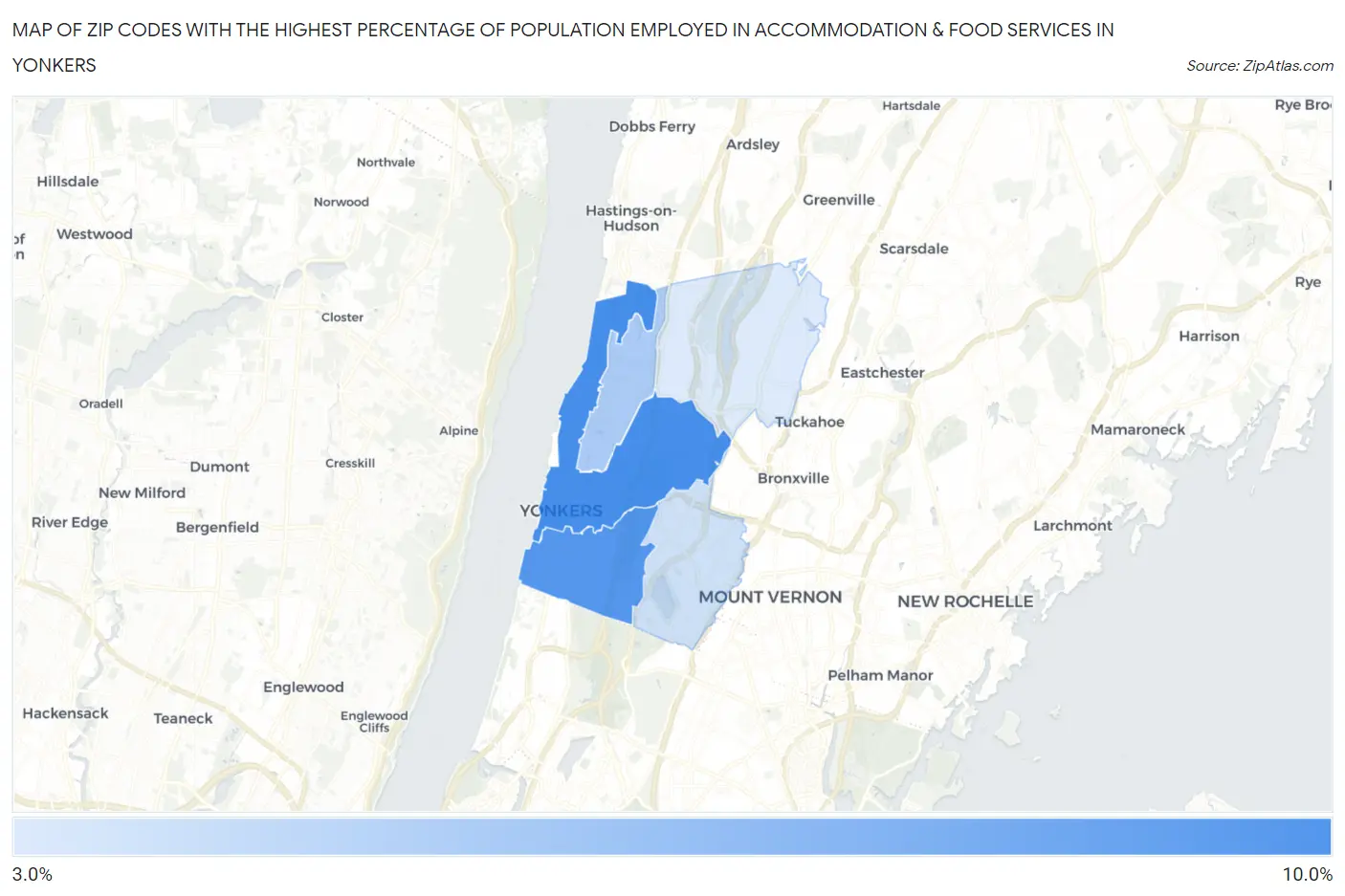 Zip Codes with the Highest Percentage of Population Employed in Accommodation & Food Services in Yonkers Map