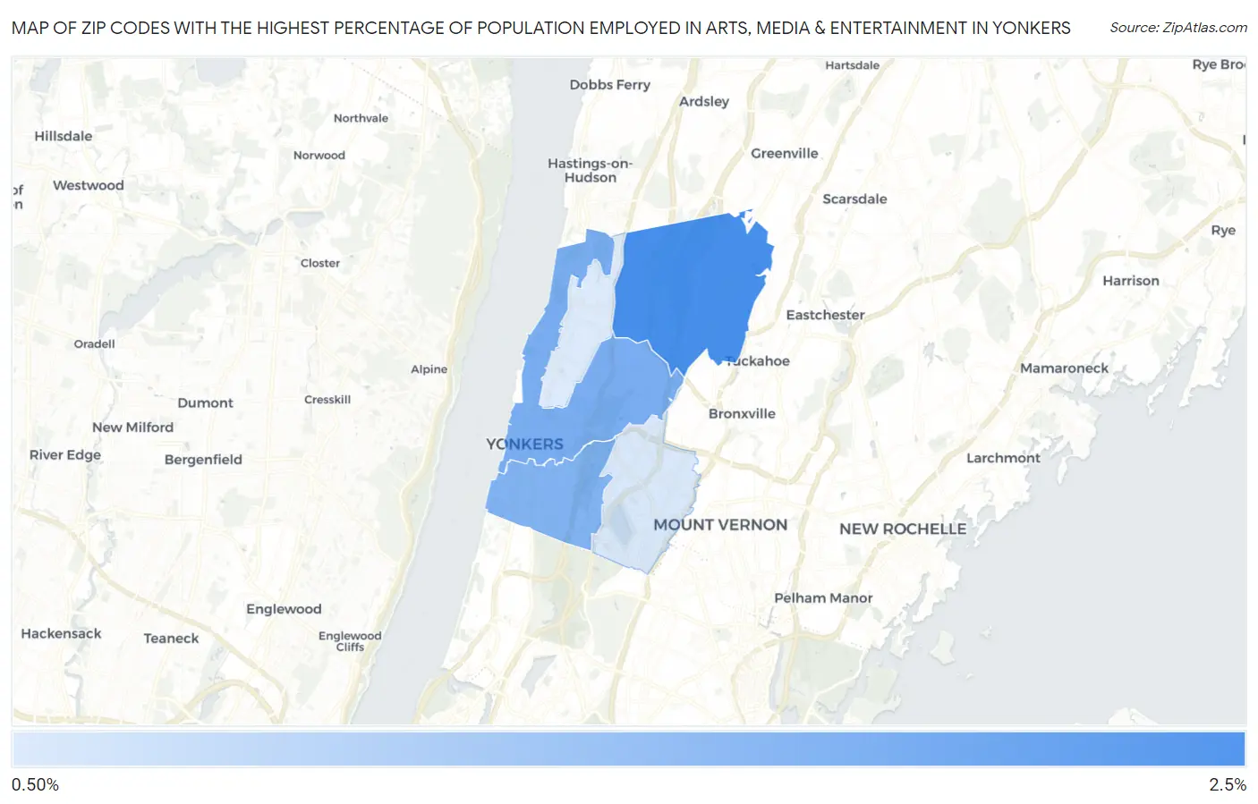 Zip Codes with the Highest Percentage of Population Employed in Arts, Media & Entertainment in Yonkers Map