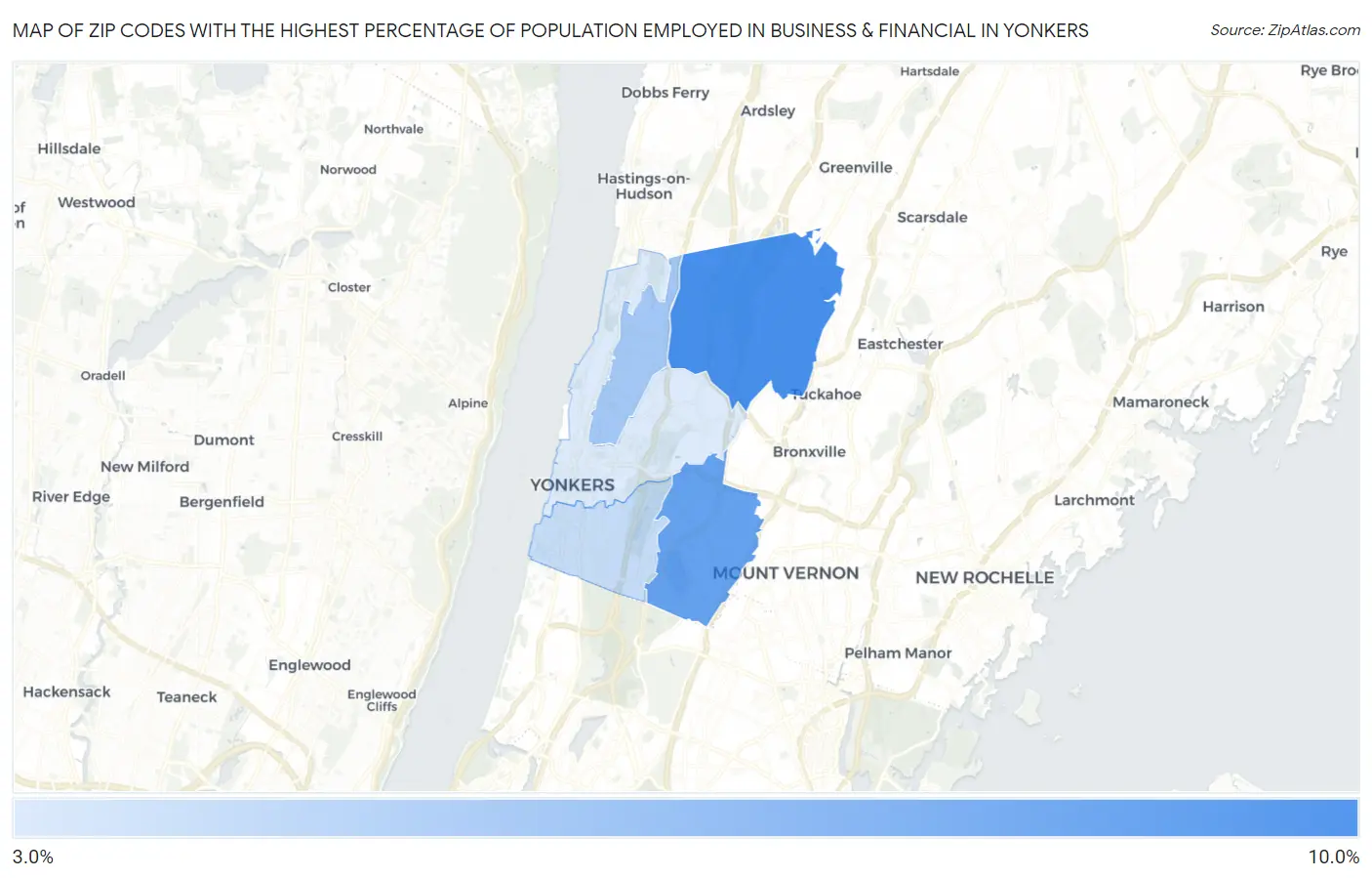 Zip Codes with the Highest Percentage of Population Employed in Business & Financial in Yonkers Map