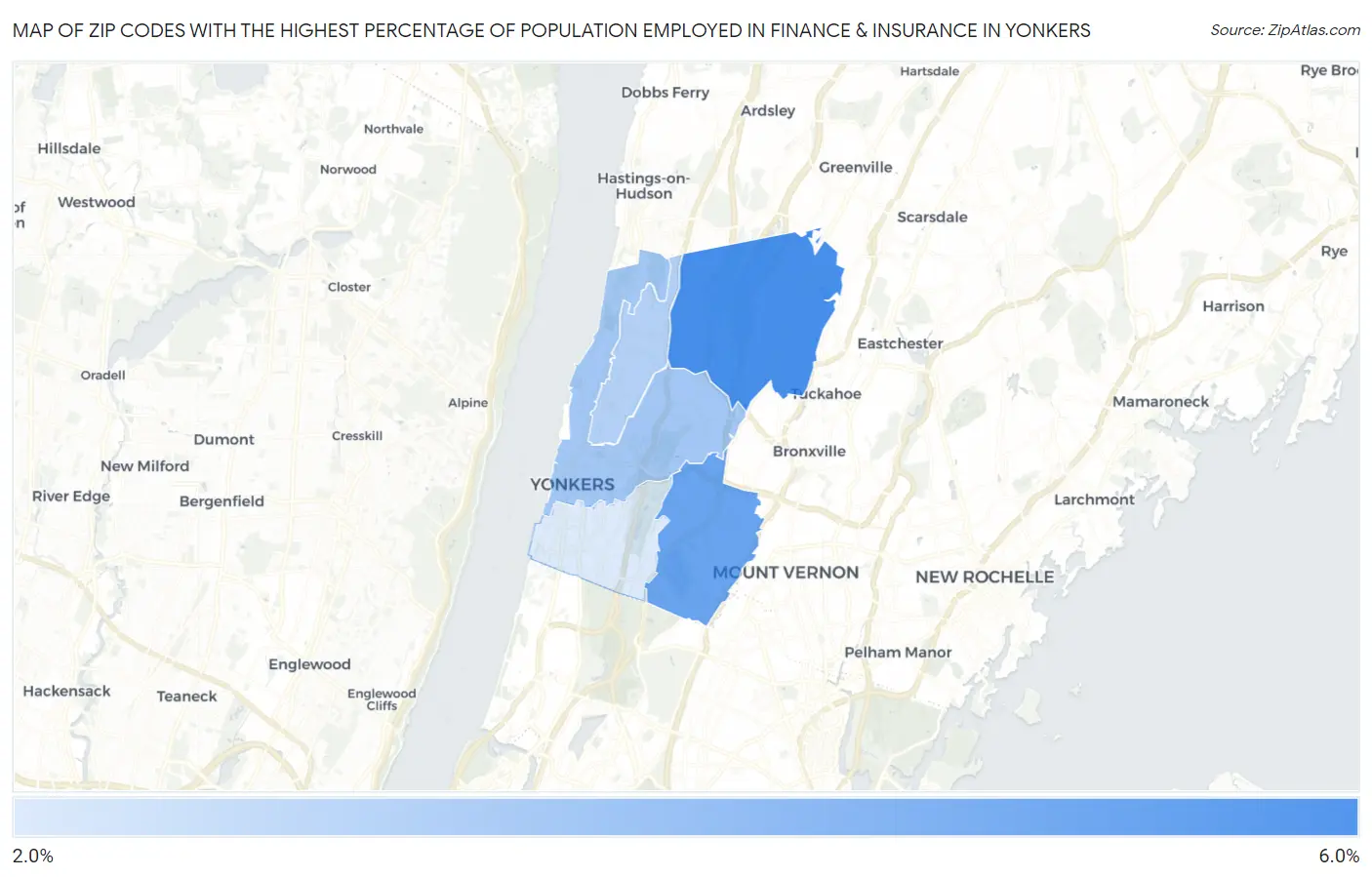 Zip Codes with the Highest Percentage of Population Employed in Finance & Insurance in Yonkers Map