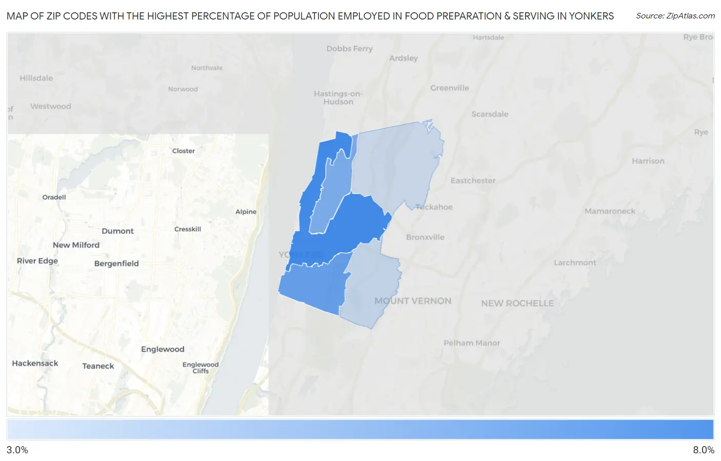 Zip Codes with the Highest Percentage of Population Employed in Food Preparation & Serving in Yonkers Map
