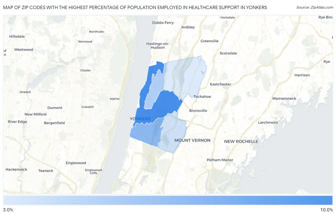Zip Codes with the Highest Percentage of Population Employed in Healthcare Support in Yonkers Map