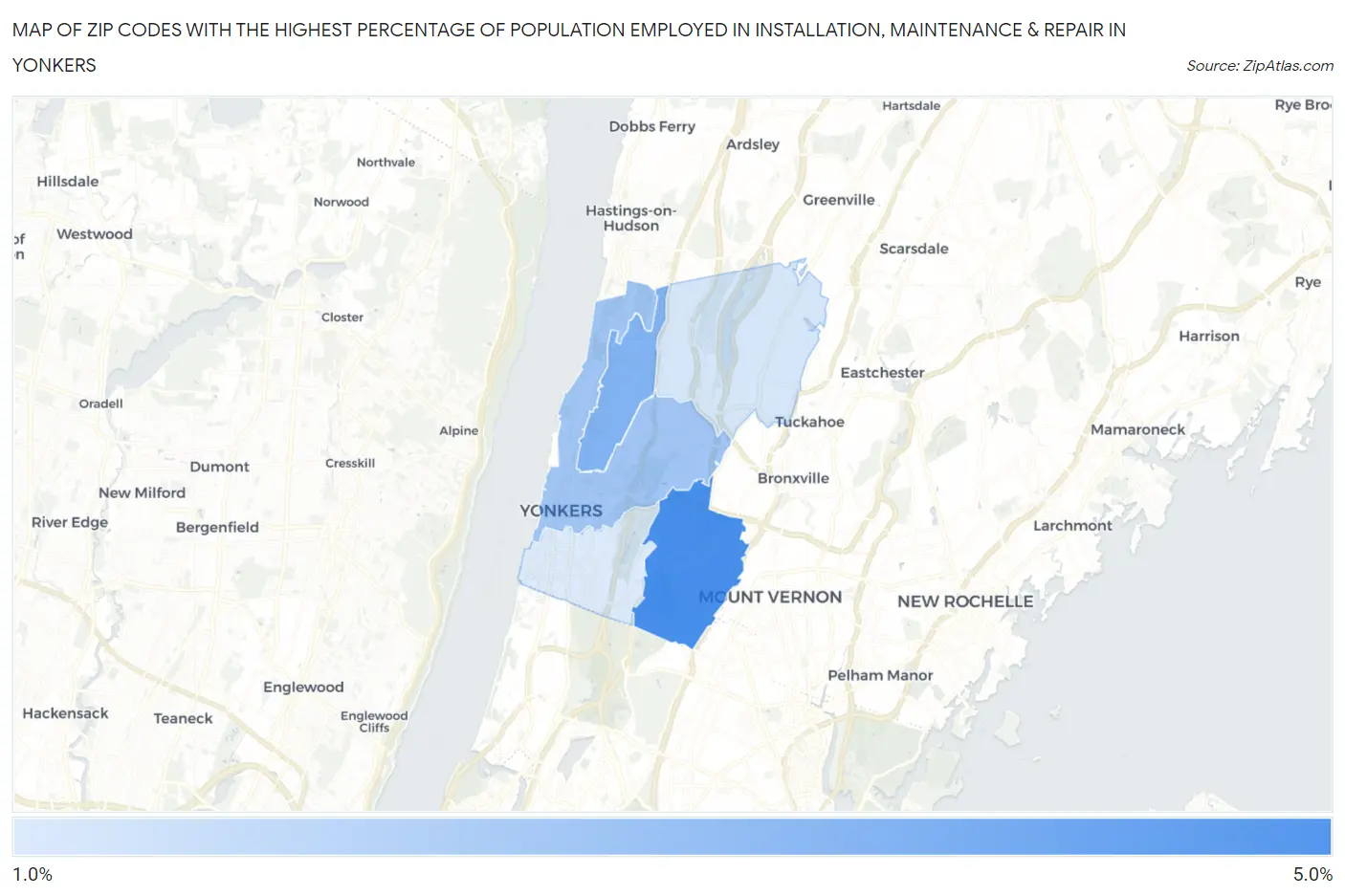 Zip Codes with the Highest Percentage of Population Employed in Installation, Maintenance & Repair in Yonkers Map