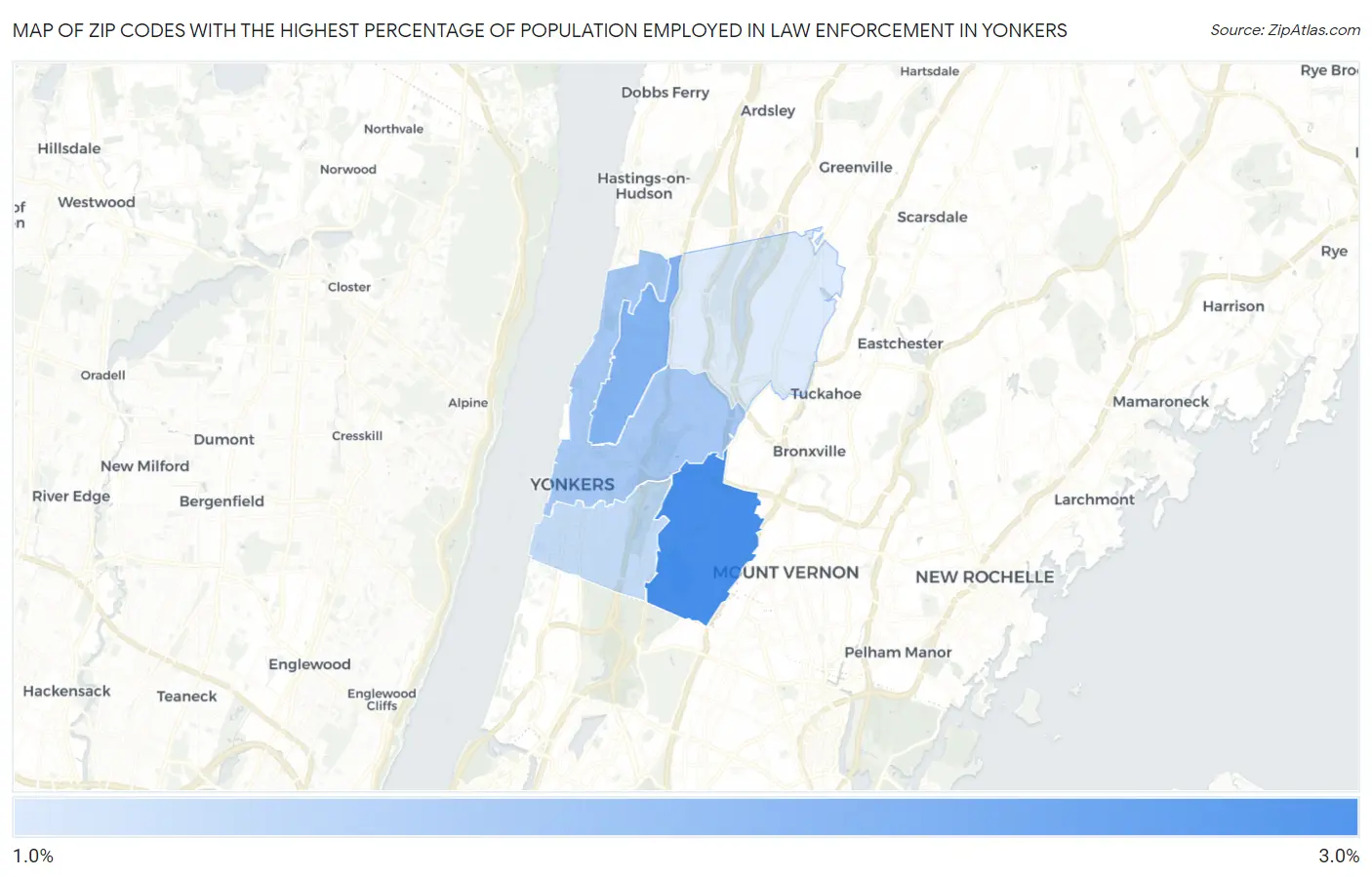Zip Codes with the Highest Percentage of Population Employed in Law Enforcement in Yonkers Map