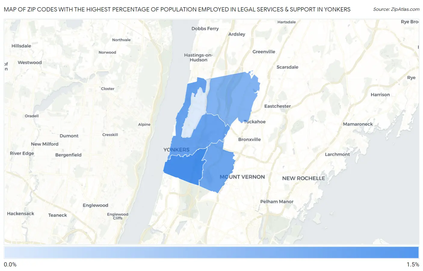 Zip Codes with the Highest Percentage of Population Employed in Legal Services & Support in Yonkers Map