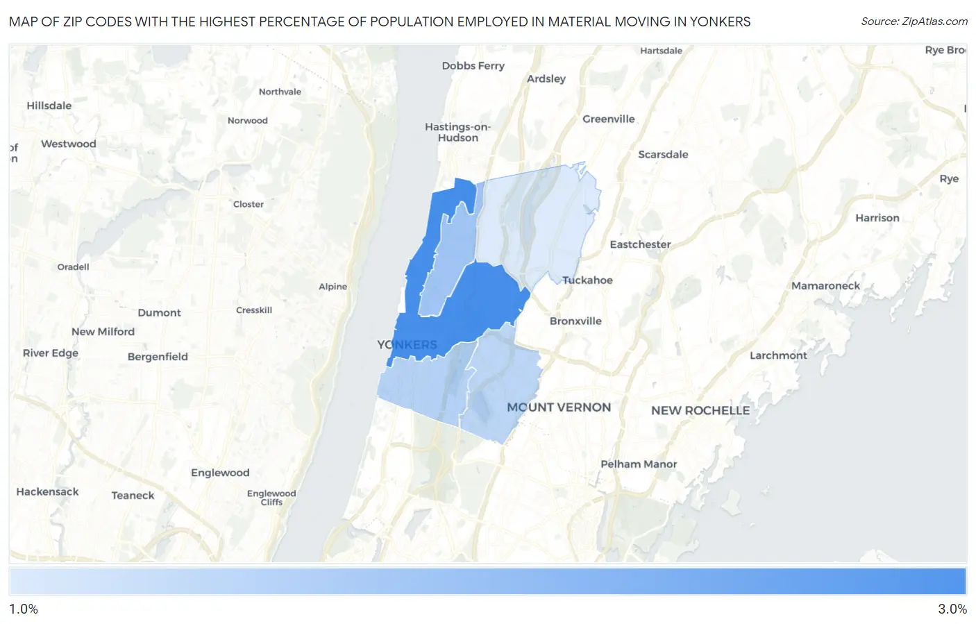 Zip Codes with the Highest Percentage of Population Employed in Material Moving in Yonkers Map