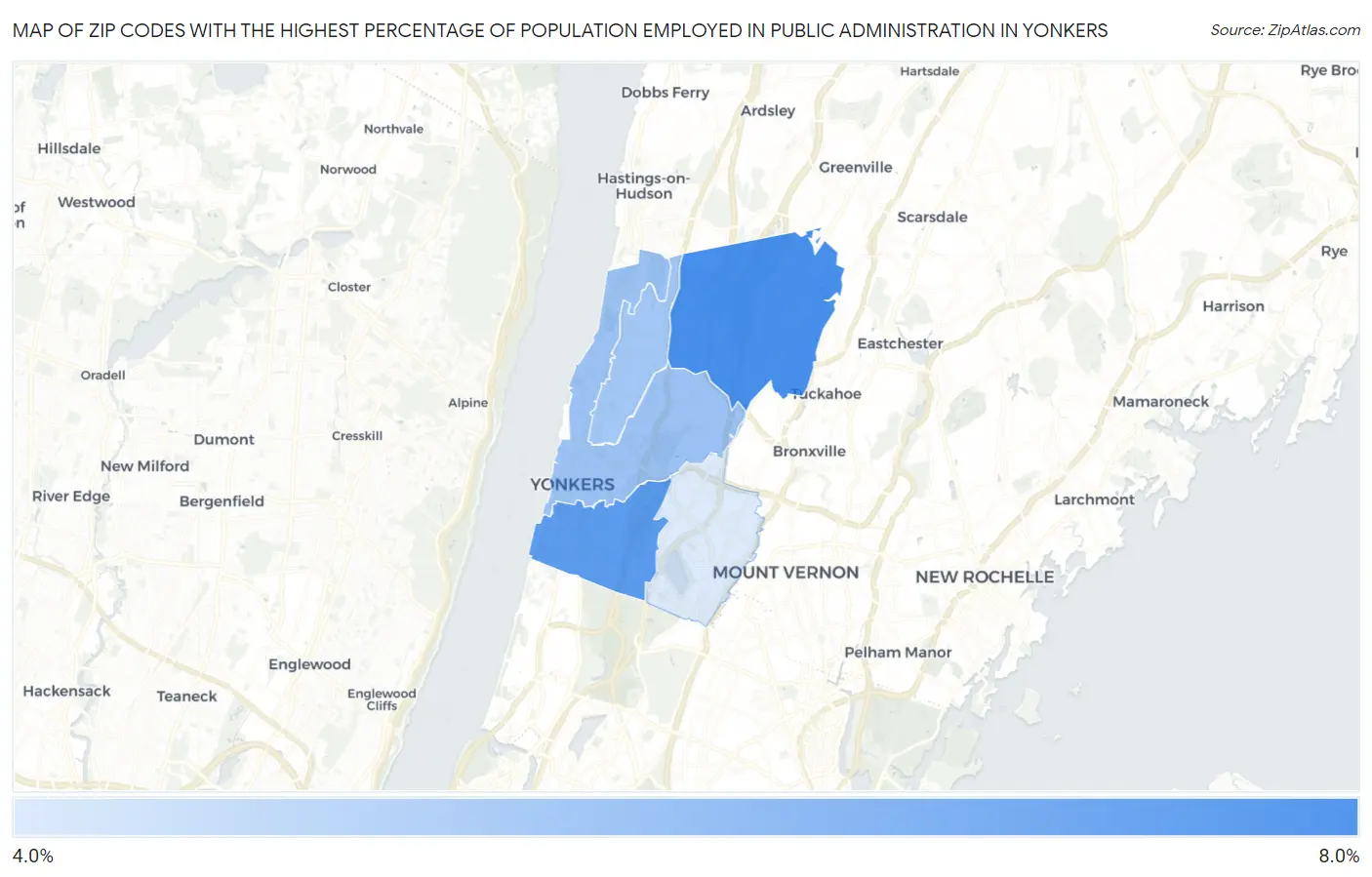 Zip Codes with the Highest Percentage of Population Employed in Public Administration in Yonkers Map