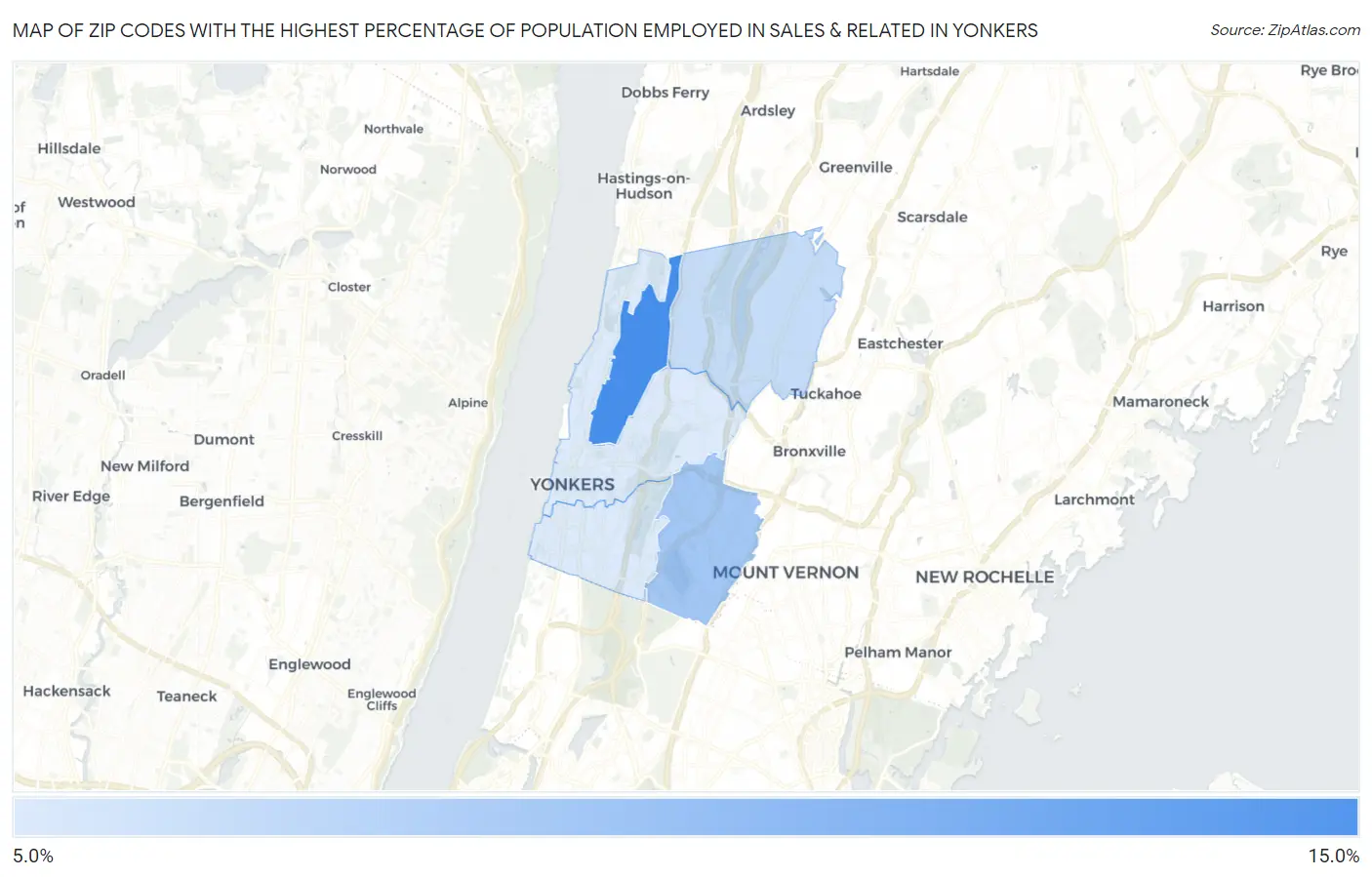 Zip Codes with the Highest Percentage of Population Employed in Sales & Related in Yonkers Map
